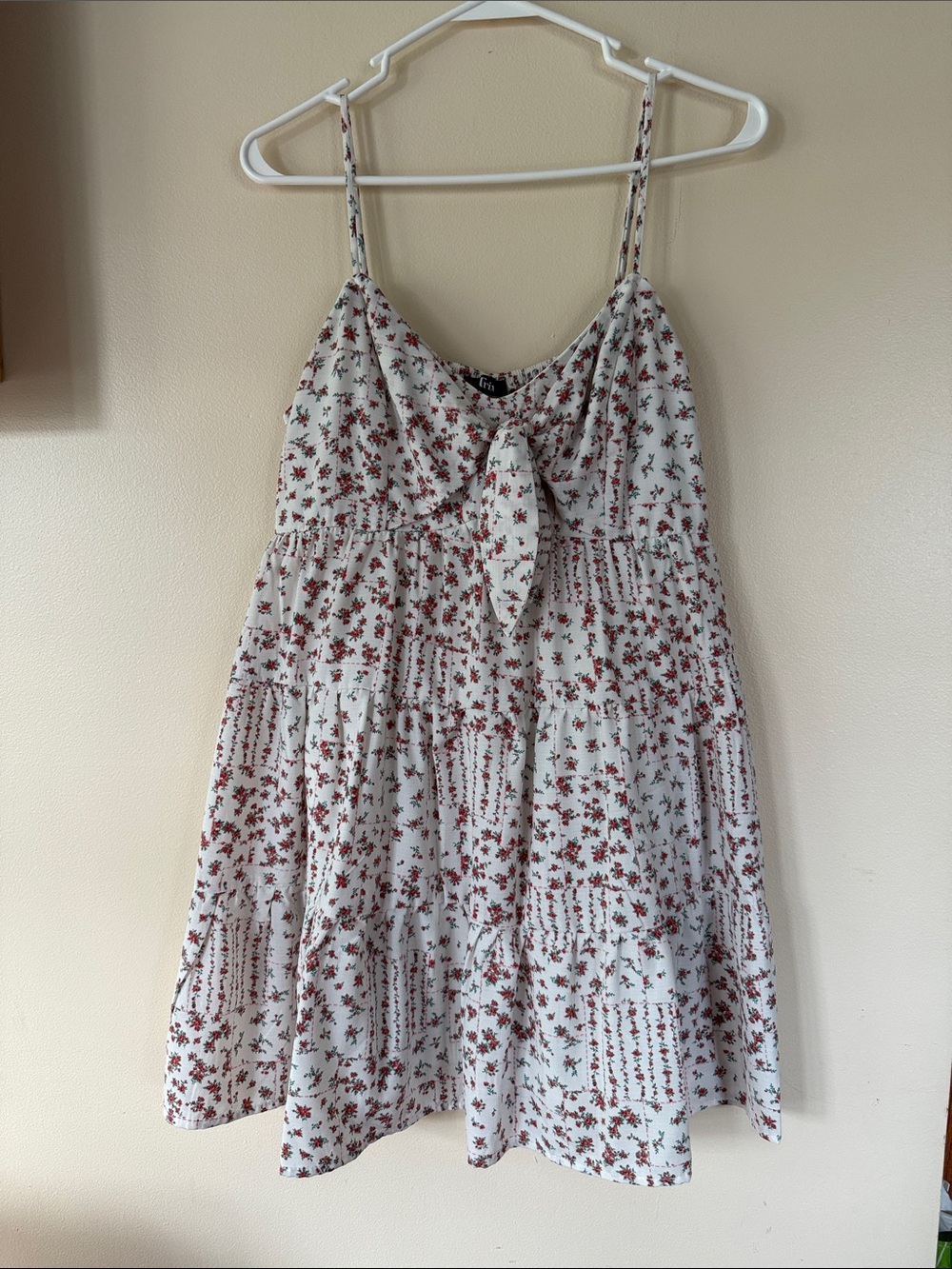 Trixxi Cream Mini Dress with Red Floral Print and Tie Front